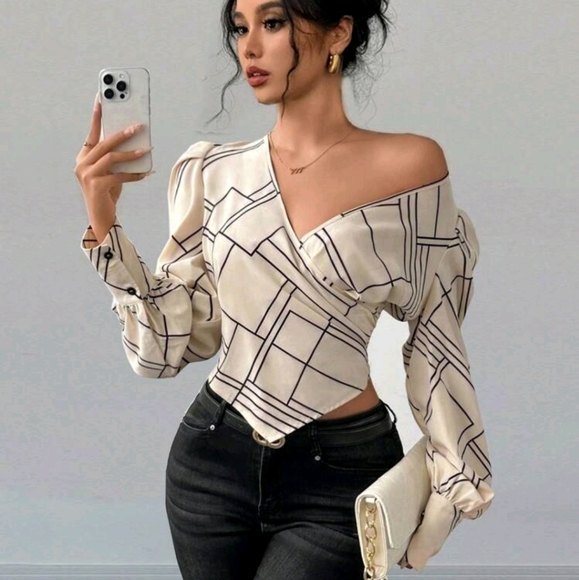Classic Geometric Print Asymmetrical Sleeve Puff Sleeve Blouse One Shoulder Blou - Picture 2 of 4